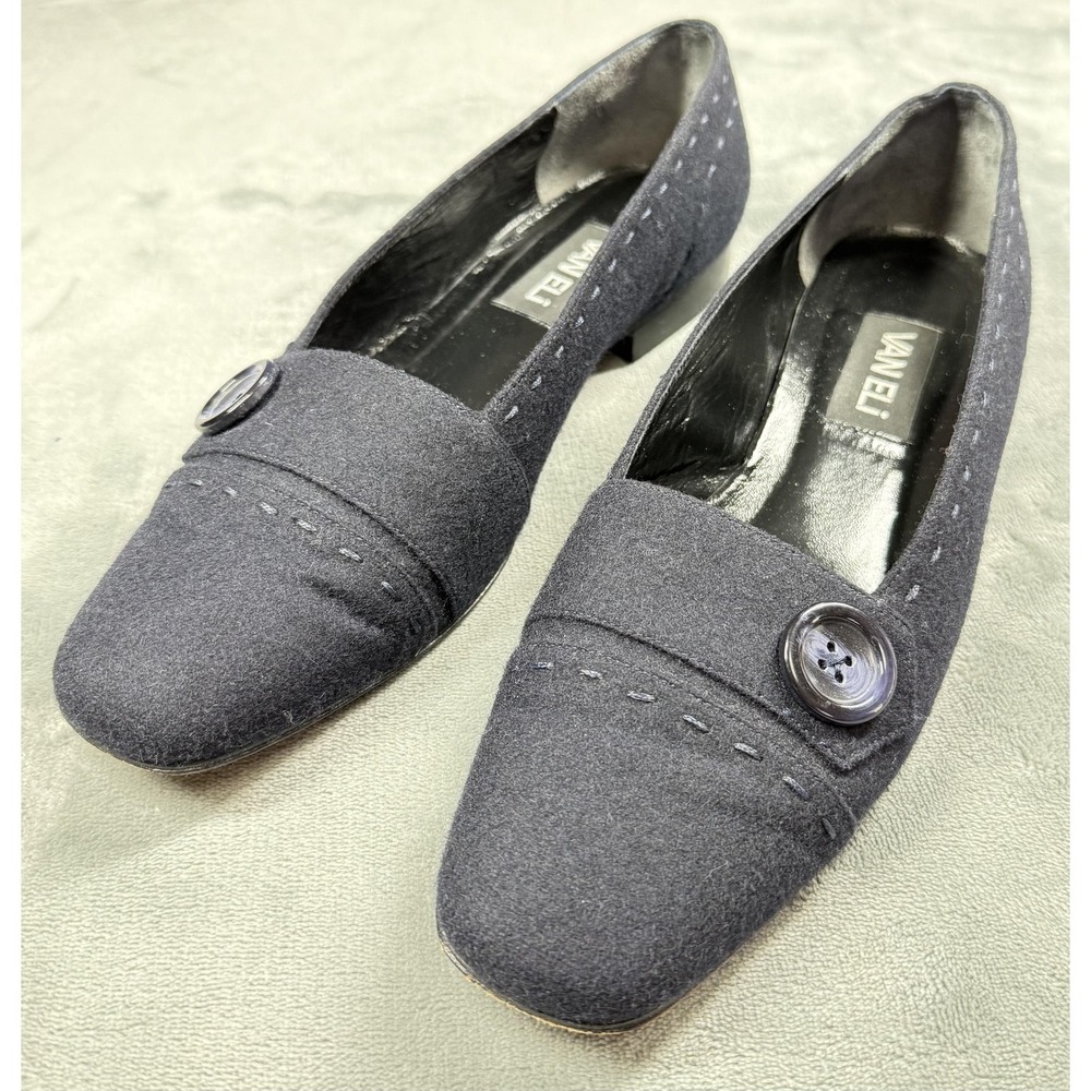 Vaneli Shoes Womens Size 9.5N Gray Wool Loafers‎ Slip On Square Toe Button
